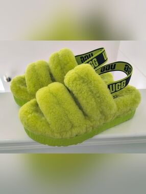 UGG Neon Lime Fluffy Shearling Slide Sandals
